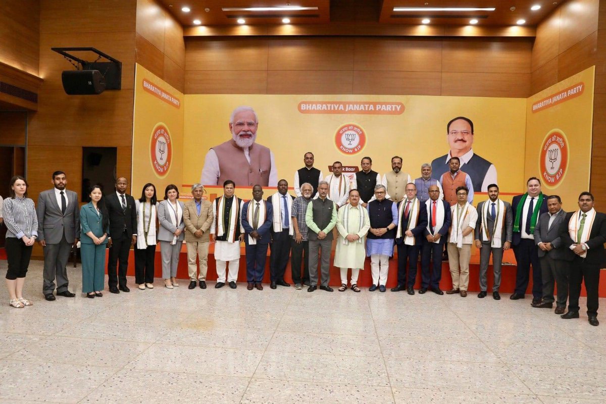 Representatives of 18 political parties from 10 countries were invited to @BJP4India central office today . National President Sri @JPNadda briefed them about elections, party campaign, PM Sri @narendramodi rallies etc.,