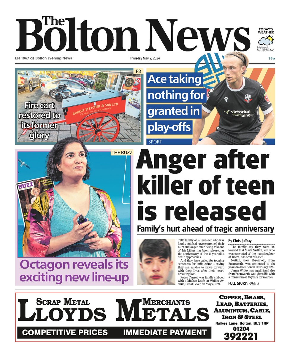 Front page of Thursday's @TheBoltonNews📰

#TomorrowsPapersToday #Bolton #GreaterManchester #BuyAPaper #LocalNewsMatters #Newsquest #BWFC #BoltonWanderers #BoltonNews #BoltonCouncil