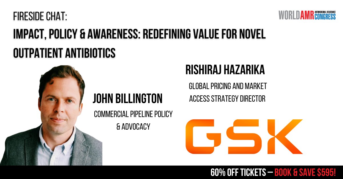 'Impact, Policy & Awareness: Redefining Value for Novel Outpatient Antibiotics' @GSK's Fireside Chat with their Commercial Pipeline Policy & Advocacy and Global Pricing and Market Access Strategy Director!🙌

Get 60% off #WorldAMRCongress tickets now: tinyurl.com/ykx7cepr
