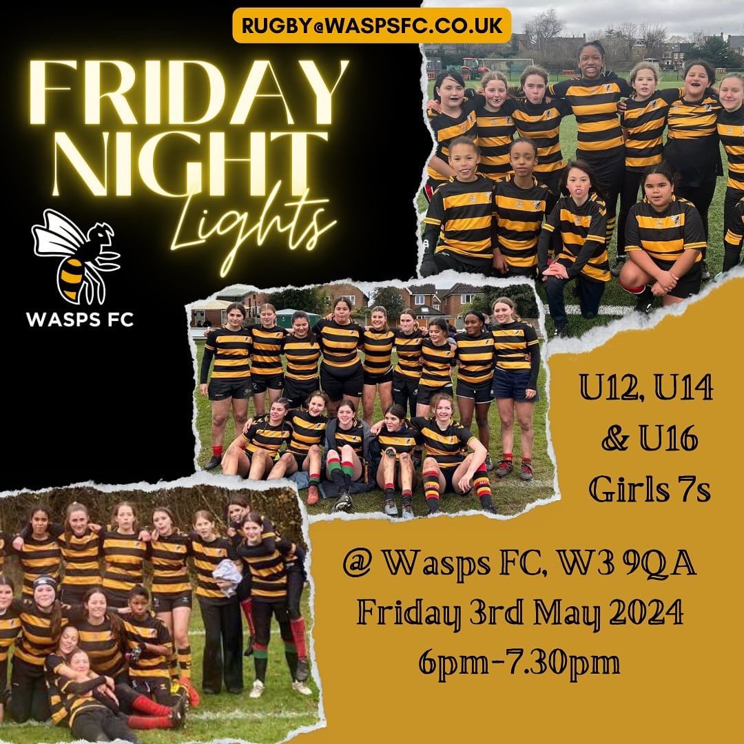 𝐅𝐫𝐢𝐝𝐚𝐲 𝐍𝐢𝐠𝐡𝐭 𝐋𝐢𝐠𝐡𝐭𝐬 🏉 Wasps FC are looking forward to welcoming Grasshoppers, Ealing, Harlow and Teddington to our Girls 7s tournament this Friday Evening! #WaspsFC #Rugby #London #OnceAWasp 🐝