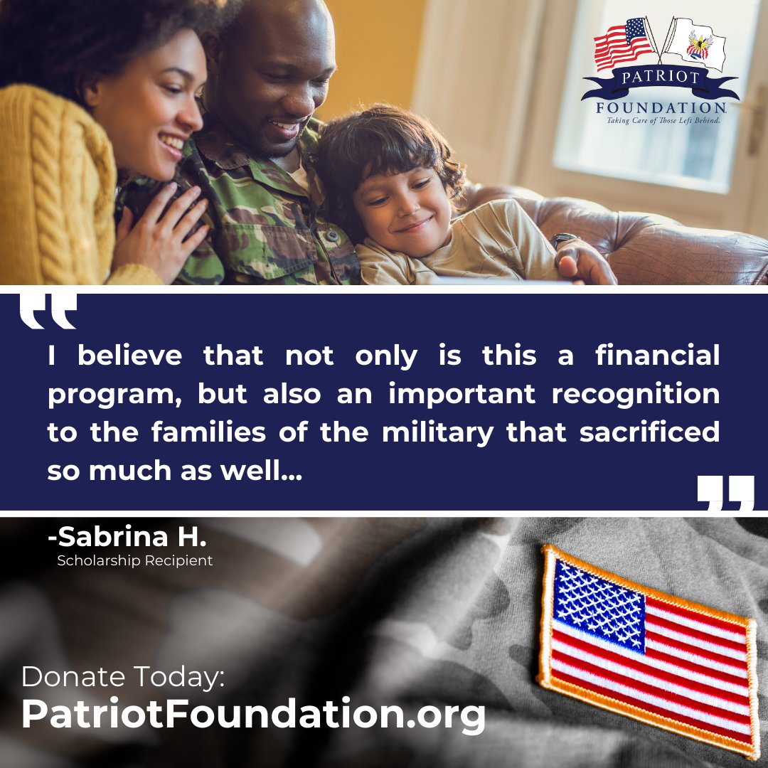 One of the best ways to honor the sacrifices made by our military service men and women is by supporting the futures of their children. You can do just that by donating at PatriotFoundation.org today!

#Honor #SupportTheTroops #MilitaryFamilies #GivingBack #Scholarships