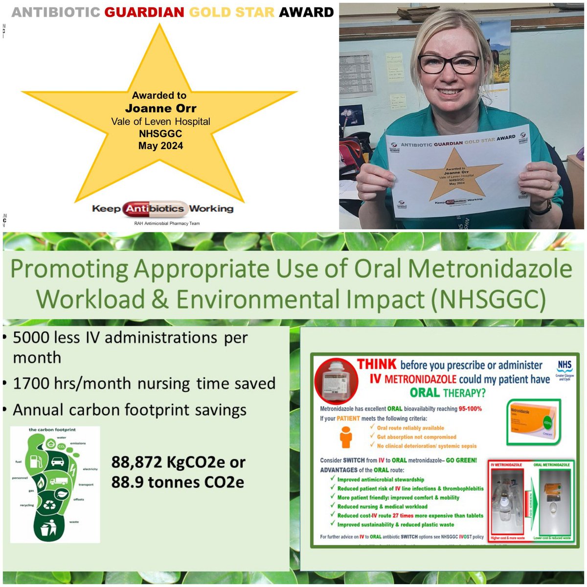 ⭐⭐⭐Gold Star Award⭐⭐⭐
Our April #AntibioticGuardian winner is Joanne from stores at #VOL 🙏 for supporting our #QI work on the carbon 👣 savings of metronidazole #IVOST 🌍 👏👏

@GGCREALMED @NHSGGC @PharmDeclares @SAPGAbx  @SusHealthcare @NHSGGCPharmacy @vale_hospital