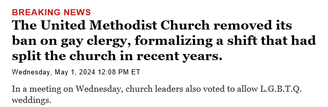 Good on the United Methodist Church for bringing its policies in line with the mainstream. I always considered the Methodist Church to be centrist, and these are very centrist ideas.

#ResistancePride