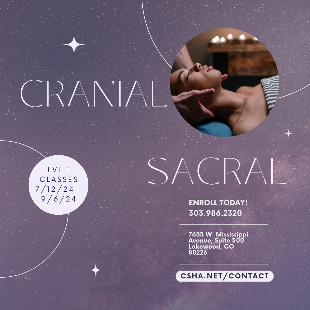 Unlock the healing power of Cranial Sacral Therapy in our Level 1 course! Dive into theory, skills, and history. Next class: 07/12/2024 – 09/06/2024. Enroll today! #CranialSacralTherapy #continuingeducation #massageschool