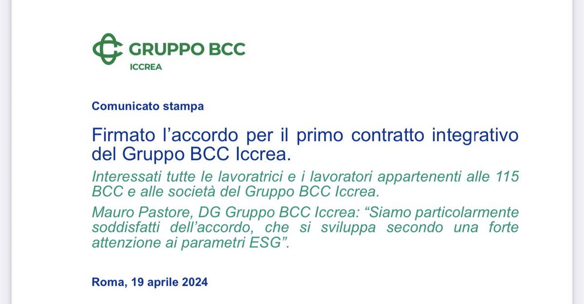 Firmato l’accordo per il primo contratto integrativo del @gruppoiccrea che riguarda più di 20.000 lavoratori e lavoratrici: particolare attenzione ai parametri ESG @adapt_rel_ind gruppobcciccrea.it/Documenti_GBI/…