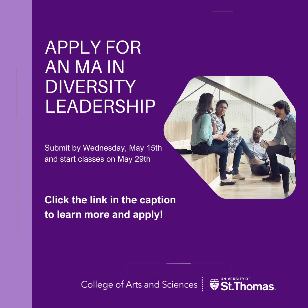 Are you interested in an innovative MA in Diversity Leadership program, which provides a degree focused on diversity, equity and inclusion? Submit your application by May 15, 2024, and start class on May 29, 2024! To learn more and apply, click here: ow.ly/laLl50QO03m