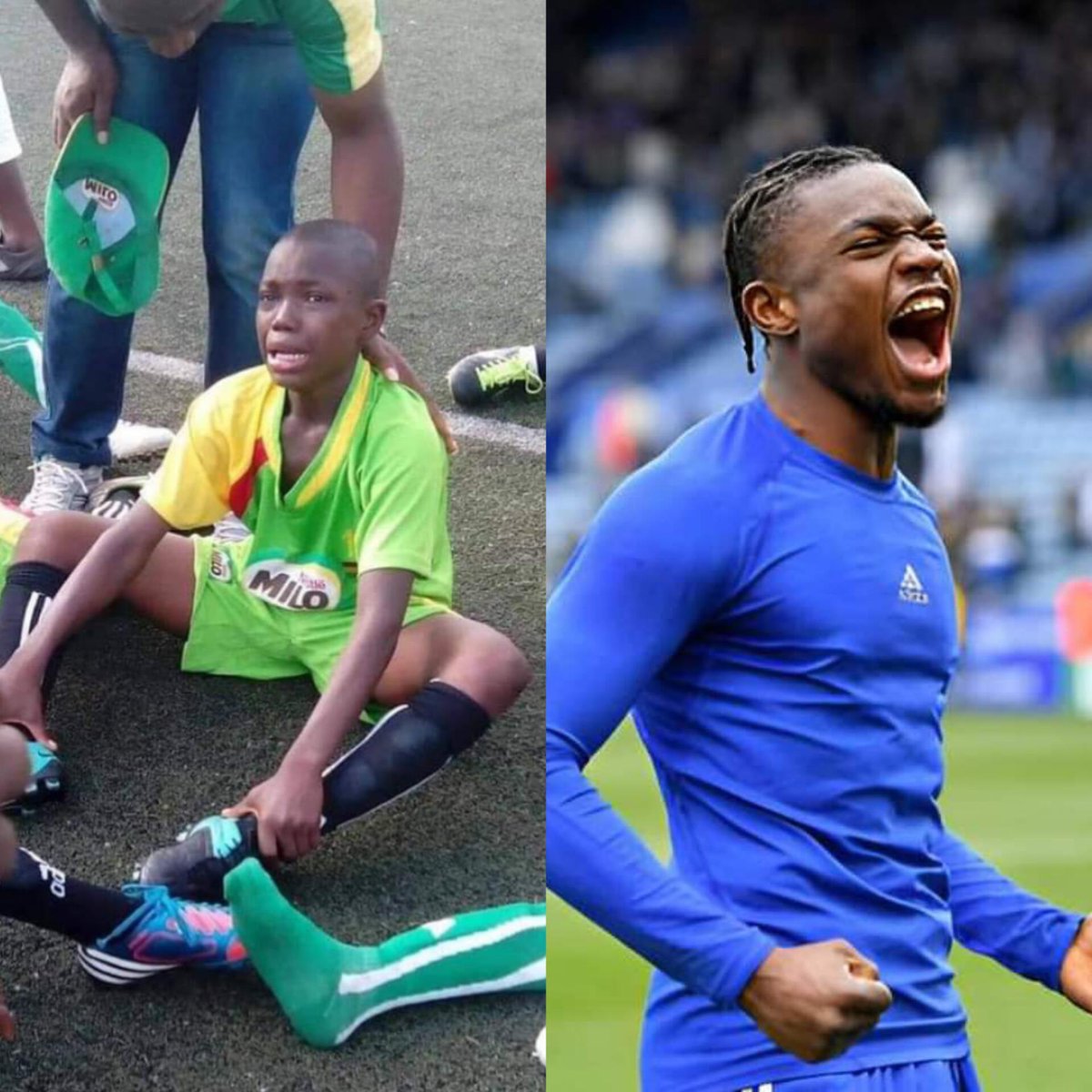 📸 Little Fatawu Issahaku crying when his team failed to win Milo games Cup 😭 📸 Fatawu Issahaku is happy celebrating Leicester City's Premier League qualification Never give up ❤️.