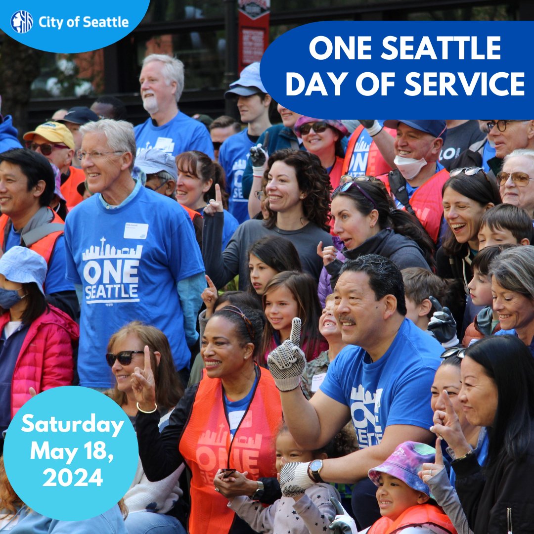 Join us on Saturday, May 18 as we come together, roll up our sleeves, & give back to the city we love for the One Seattle Day of Service! Volunteer for cleaning and beautification, gardening and restoration, and helping neighbors in need. Register today: seattle.gov/mayor/one-seat…