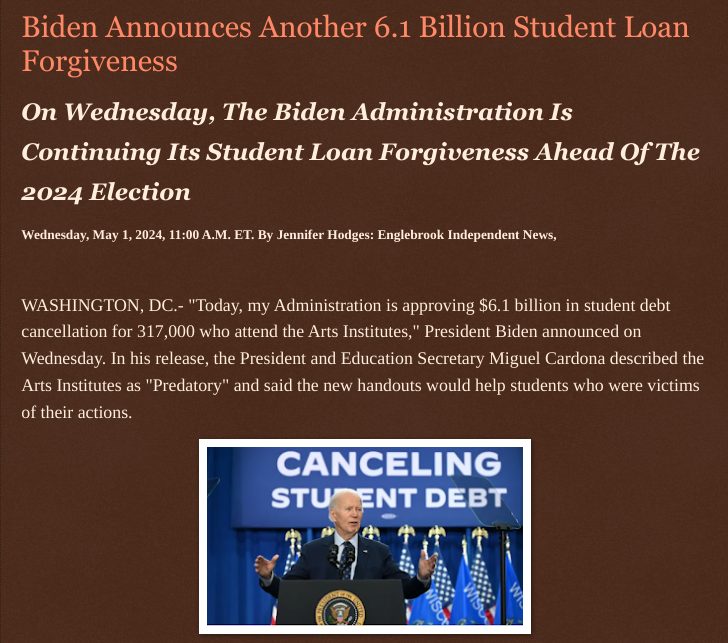 Wednesday, May 1, 2024 @JoeBiden #Announces Another 6.1 Billion @Student #Loan_Forgiveness On Wednesday, The #Biden_Administration Is Continuing Its @Student_Loan #Forgiveness Ahead Of The @2024_Election @SecCardona @wireless_step @HRG_Media @LodiNJNews @Breaking911…