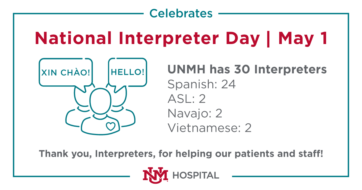 UNMHospital's tweet image. Celebrating our dedicated interpreters this #NationalInterpreterDay! We're grateful for their essential role in ensuring every patient receives quality care, regardless of language differences. Learn about our interpreter services today. 💬🏥 bit.ly/3LRFnUN