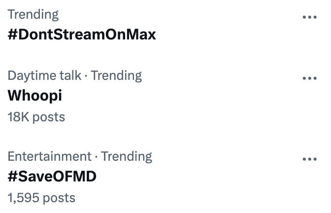 Max's stock is falling, Fubo's calling them out for bad faith negotiations, I've seen some cute BTS from Samba and Con floating around, and #SaveOFMD and #DontStreamOnMax are trending. Today is nice.💜