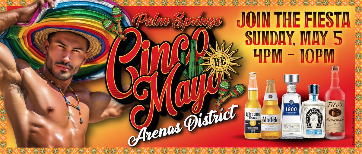 Come celebrate Cinco de Mayo with us at the Fiesta in Palm Springs' Arenas District! Join us on Sunday, May 5th, from 4:00 p.m. to 10:00 p.m. Performance Time: 8:00 p.m. #palmsprings #cincodemayo #lgbt
