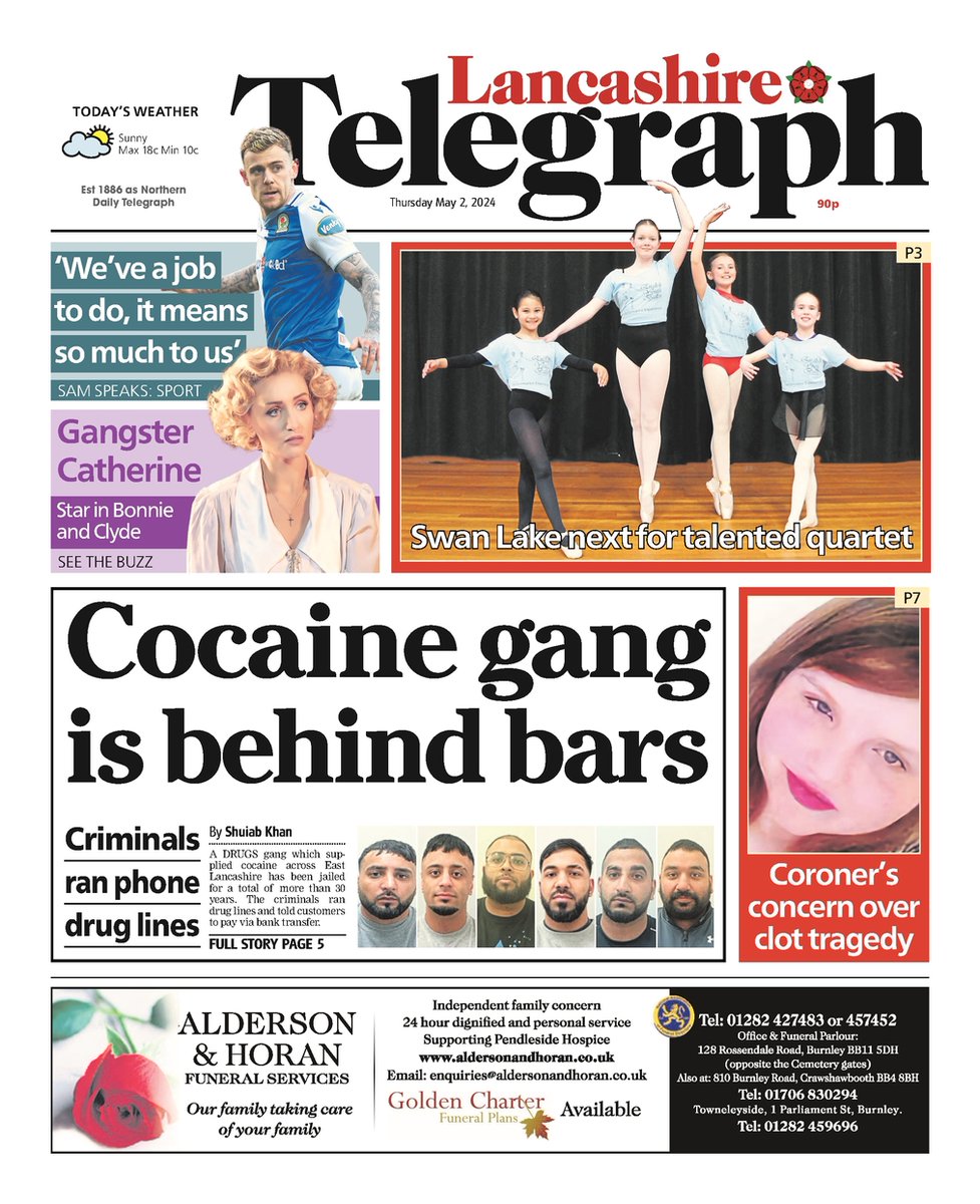 Front page of Thursday's @LancsTelegraph📰

#Lancashire #EastLancashire #LancashireNews #Newsquest #LocalNews #BuyAPaper #LocalNewsMatters #Rovers #Blackburn #BurnleyFC #Burnley #Preston #TomorrowsPapersToday