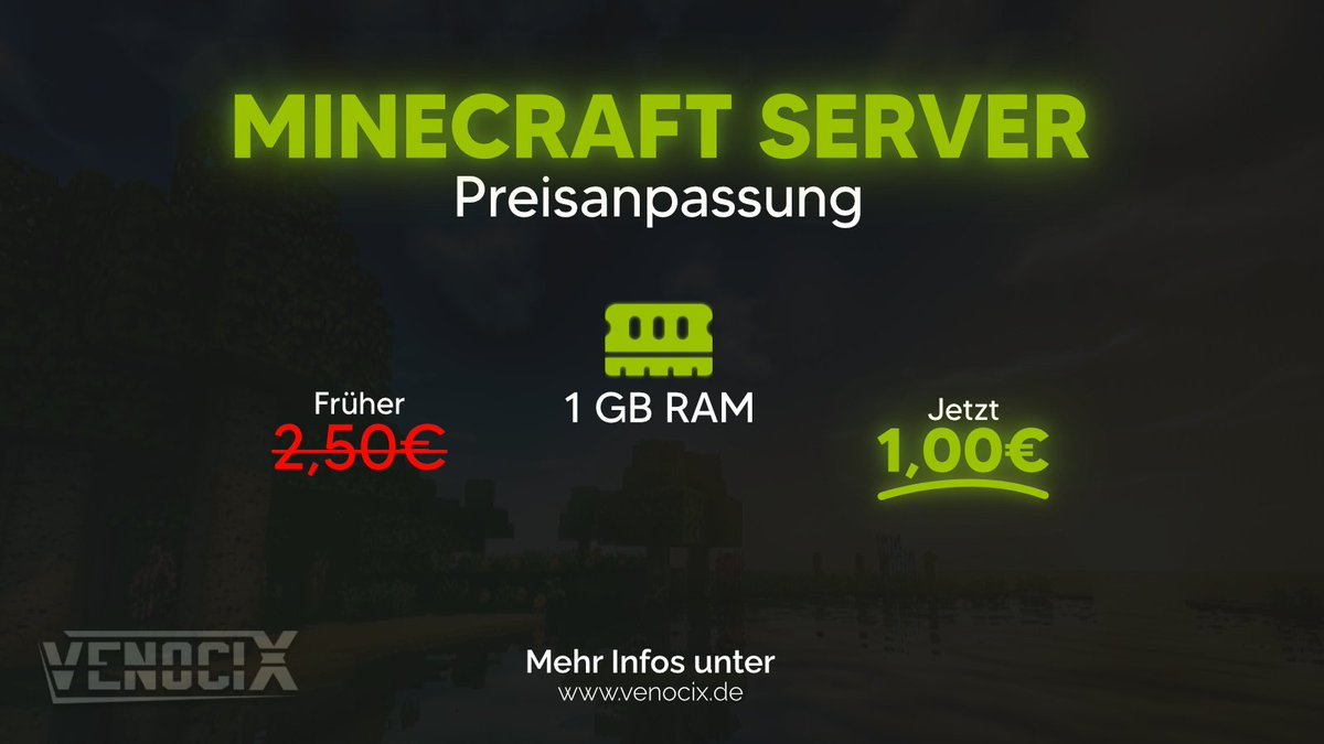 Unsere Minecraft Server sind jetzt dauerhaft um 60% reduziert! 💰🚀 

Jetzt für nur 1,00€ je GB RAM. Sowohl für Neukunden als auch für Bestandskunden! 🎉 

➡️ venocix.de/minecraft-serv…

Habt Vorschläge oder Wünsche für unsere Gameserver? Teilt sie mit uns!