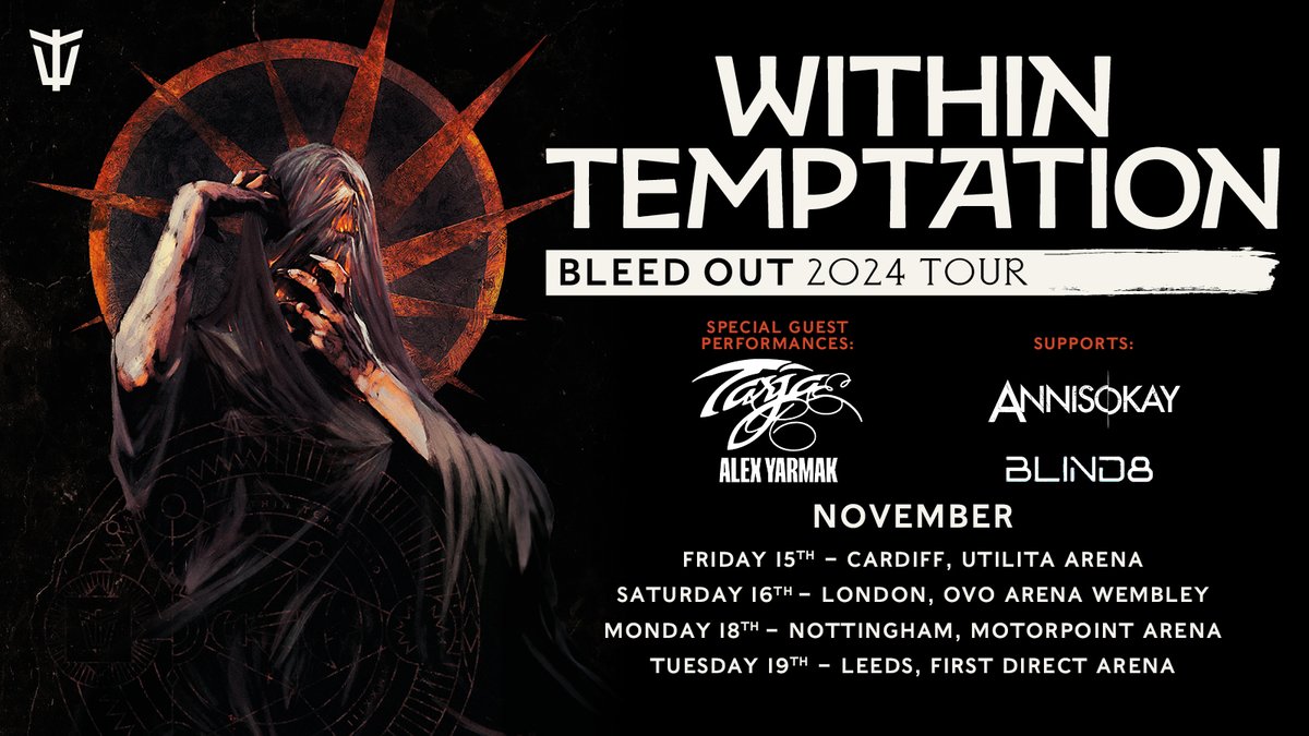 ICYMI: Within Temptation (@WTofficial) have announced supports for their Bleed Out 2024 Tour! 🔥 Special Guest Performances: @tarjaofficial & @alexyarmak Supports: @annisokay & BLIND8 Get your tickets here: bit.ly/3Qp5Gn6