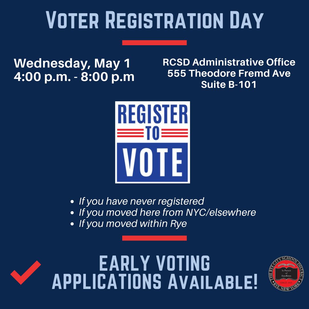 📢Attention! 🚨Swing by our central office TODAY, May 1st, from 4-8 p.m. at 555 Theodore Fremd, Suite B101, if you've recently moved or need to update your address. Early voting applications are available too - also on the website and at all the schools. #RyeCommitment
