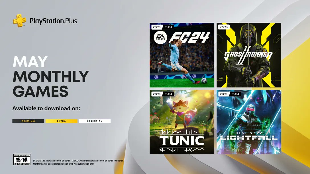 PS Plus May games confirmed 🔥⠀
  
⚽ EA Sports FC 24
👟⚔️ Ghostrunner 2
🦊 Tunic
🏄 Destiny 2: Lightfal