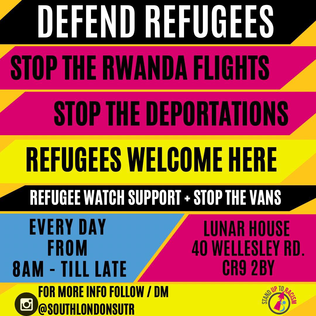 🚨 Resist Rwanda deportations✊🏽
💥 Lunar House Croydon, weekdays 
💥 People needed 8am- late
💥 Supporting refugees 
💥 Stop the vans 

📣 SHARE 📣
#refugeeswelcome #stoptheraids
#stopthevans
#defendrefugees
#StopRwandaFlights
@SLSUTR