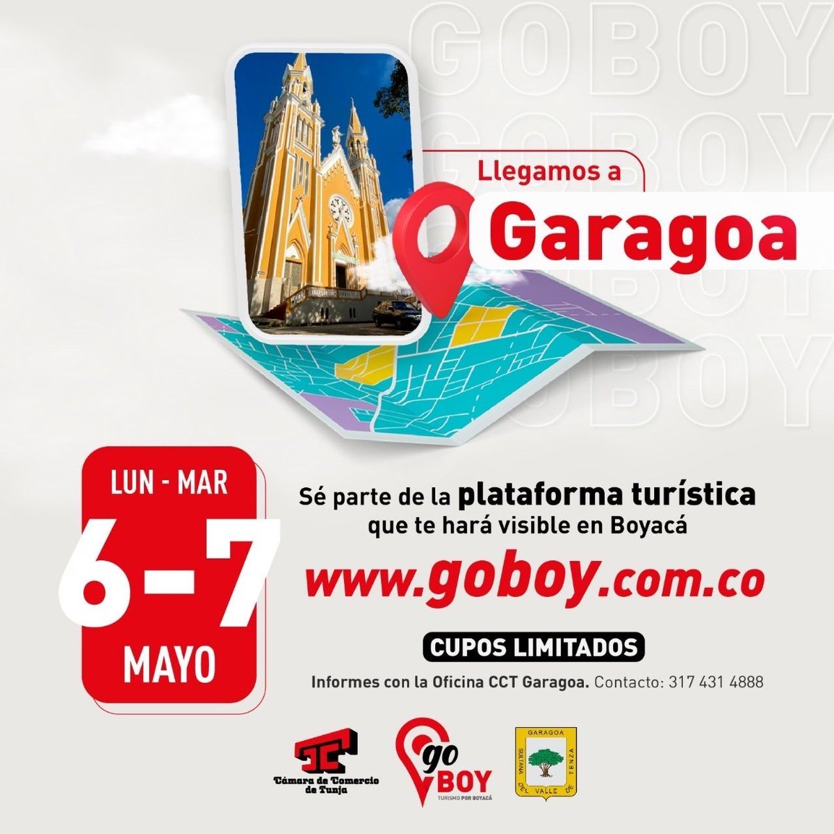 '¡Únete a GoBoy! Plataforma de turismo de Boyacá                              Con cupos limitados. Para más información, contacta al 3174314888. ¡No te quedes fuera!'.         goboy.com.co