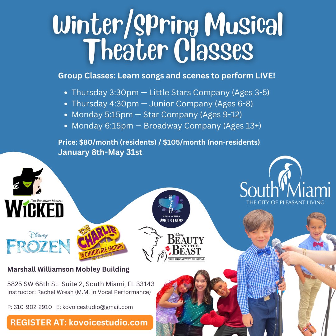 Don't miss out on our Winter/Spring Musical Theater Classes! 🎭 Join our group classes, Learn songs and scenes to perform LIVE! 🎤 To sign up please visit: kovoicestudio.com (Link in bio) 💻 #SoMiParksAndRec #SoMi #TheCityOfPleasantLiving #SouthMiami