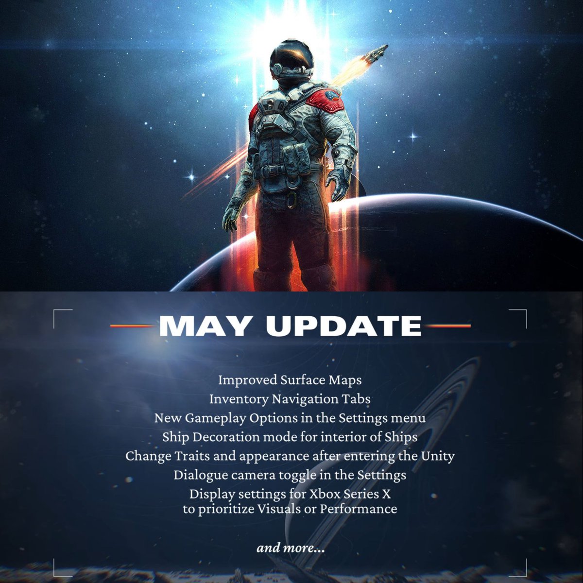 Bethesda announces a major update for Starfield.

• 60 FPS and 40 FPS mode on Series X
• Custom difficulty options
• More detailed surface maps
• New ship customization
• Respec and change appearance
• Creation kit going out to beta testers now
• Land vehicles confirmed…