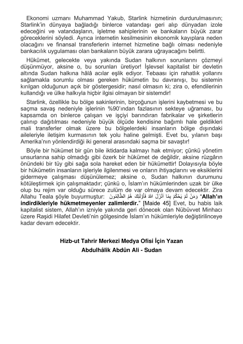 Haber-Yorum

Starlink Hizmetinin Devlet Tarafından Kesilmesi
Sudan Halkının Daha Fazla Acı Çekmesi İçindir!

#Sudan #Hartum #elCezire #Darfur #HizbutTahrir

hizb-uttahrir.info/tr/index.php/h…