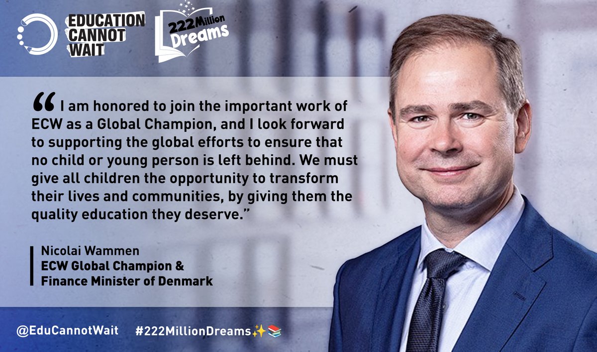 📣New @EduCannotWait Global Champion @NWammen!

'I'm honored to join the important work of @EduCannotWait as a🌎Champion & I look forward to support global efforts to ensure that no child or young person is left behind.'

👉educationcannotwait.org/news-stories/p…
#222MillionDreams✨📚 @UN
