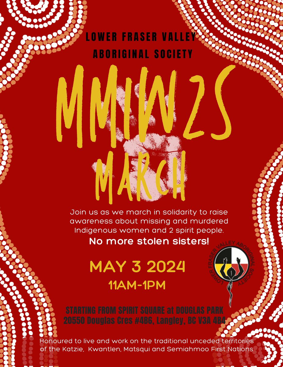 Friday May 3rd @ Douglas Park in Langley. I am speakimg at this event. #MMIW #MMIWG #MMIWG2S #NoMoreStolenSisters #RedDressDay on May 5th