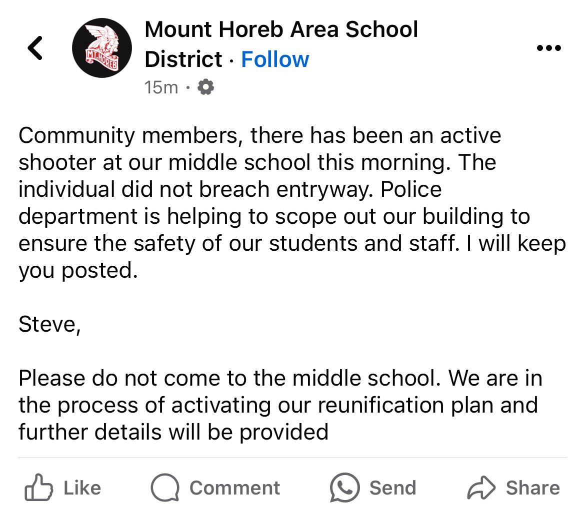 BREAKING Mount Horeb School District reports there was an active shooter at their middle school this morning. “The individual did not breach the entryway.” They are asking people not to go to the building.