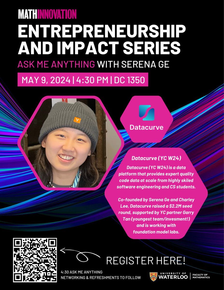 Join us for an Ask-Me-Anything on May 9, 2024 with Serena Ge, Co-Founder of Datacurve, a data engine for high-quality coding data for training large language models! Register here: bit.ly/3UdADvW Hosted by @math_innovation