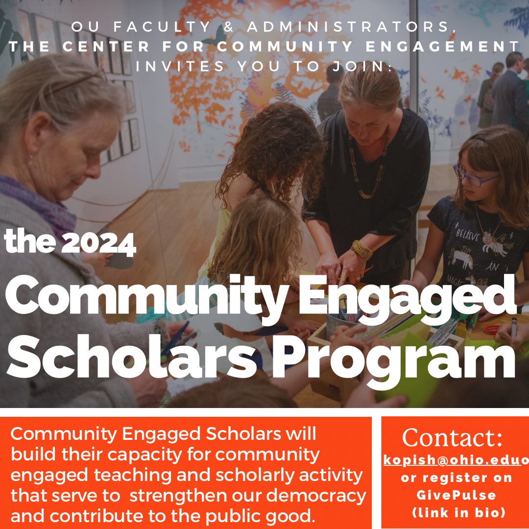We invite OHIO faculty and administrators to participate in the Fall 2024 Community Engaged Scholars Program scheduled to start on September 6, 2024. This program is delivered in a hybrid model. 

Register at ohio.givepulse.com/event/446349-f…
