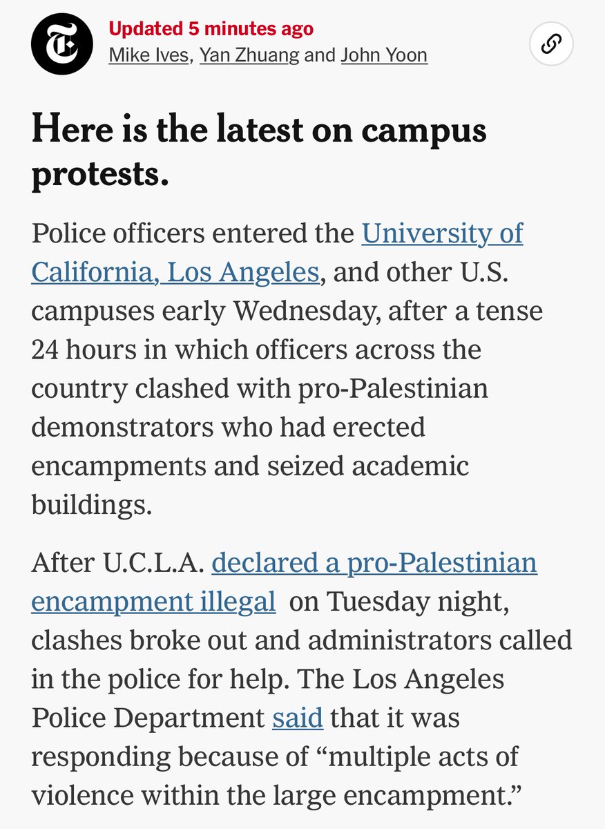 *Turba pro-Israel ataca plantón pacífico anoche en UCLA. *New York Times: 'estallaron enfrentamientos', 'múltiples actos de violencia dentro de un gran campamento'.