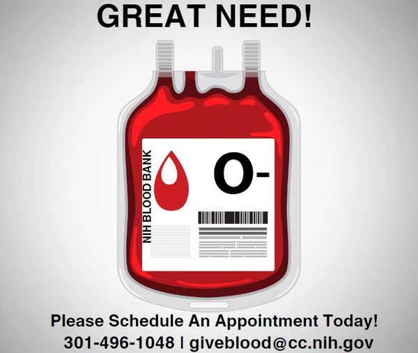 The NIH Blood Bank at the @NIHClinicalCntr needs O- blood donors. To donate, schedule an appointment or walk-in! cc.nih.gov/blooddonor/app…