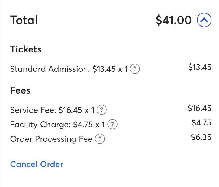 This is why @Ticketmaster needs to be investigated. $13.45 ticket has fees totaling $27.55, literally adding TWO times the cost of the ticket. How does this make sense!? @TMFanSupport