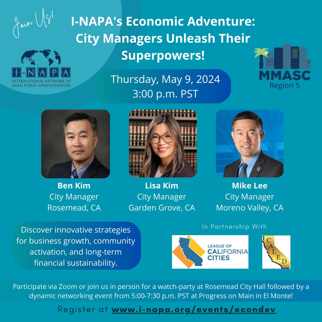 Register for I-NAPA's Economic Adventure: City Managers Unleash Their Superpowers! Webinar on May 9. This webinar features City Managers renowned as superheroes in economic development! In partnership with the League of California Cities and CALED.  us02web.zoom.us/meeting/regist…