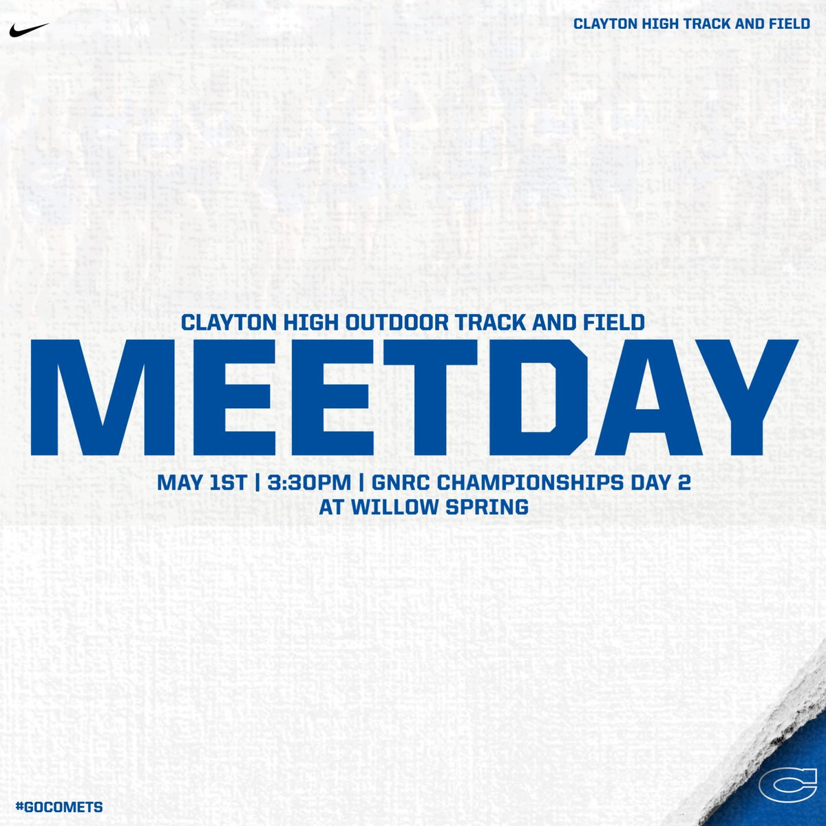 🚨🏃‍♀️🏃‍♂️ MEETDAY🚨

🆚 GNRC Championships Day 2
🏟 Willow Spring High Track
⏰ 3:30pm
🎟️ gofan.co/event/1511842

#GoComets