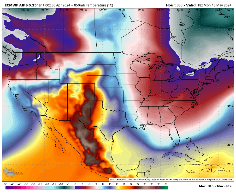 I always trust maps 320 hours out, said nobody ever. But the Euro AIFS has been consistent with #cold air for the east sometime May 10-15th. #weather #wx #ohwx #nywx #pawx #ctwx #mawx #mewx #wvwx #kywx #inwx #ilwx #vawx