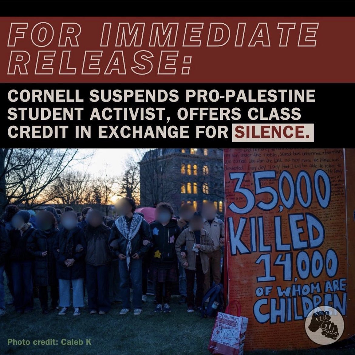 unionnick's tweet photo. BREAKING: Cornell attempted to bribe me with academic credit into staying silent on our Liberated Zone and similar encampments across the country. I refused. 🧵 https://t.co/3u6YpMleSd