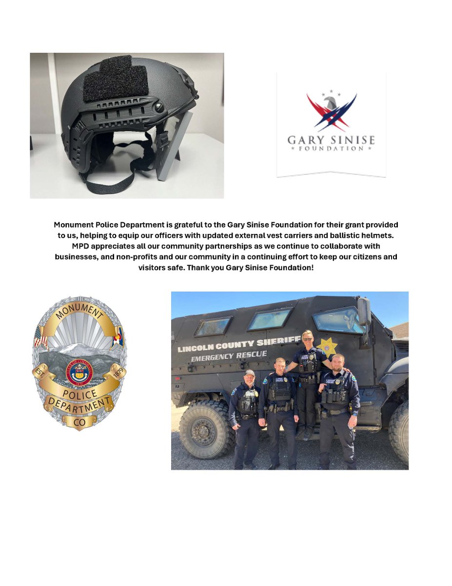 Thank you for the generous gift from the <a href="/GarySiniseFound/">GarySiniseFoundation</a> keeping Monument Officers safer. We appreciate your support.
