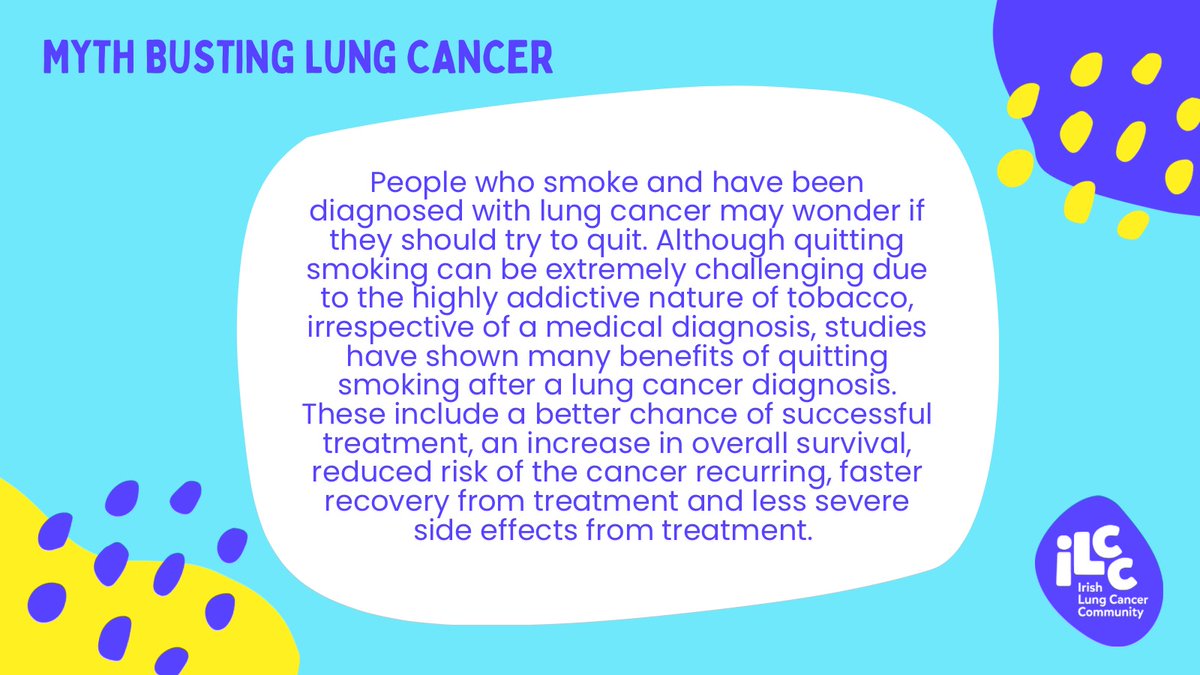 MYTH BUSTING: People who smoke and have been diagnosed with lung cancer may wonder if they should try to quit. Studies show quitting smoking after a lung cancer diagnosis can benefit treatment and recovery and reduce the risk of the cancer recurring. @LungCommunity #lcsm