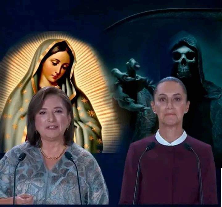 On the left Mexican presidential candidate @XochitlGalvez with the Virgin of Guadalupe in her corner and on the right candidate @Claudiashein with Santa Muerte in hers. #SantaMuerte