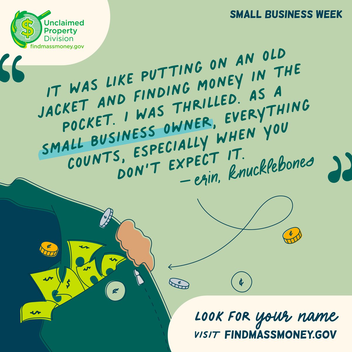 It's #SmallBusinessWeek . Did you know businesses can have unclaimed property too? It's not just individuals! If you own a small business, check findmassmoney.gov to see if you have money waiting for you.
