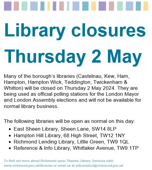 A lot of our libraries will be closed tomorrow. If your local library has a drop box for returns, this will remain available.