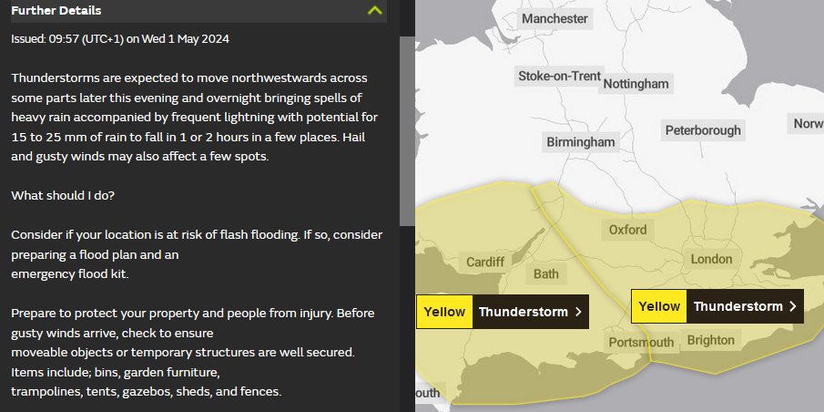 The Met Office thunderstorm warning, especially the eastern one is the rough expected area of thunderstorms moving in tonight.

Flash flooding & frequent lightning likely to be the main hazards.

May starting off quite seasonal at last, quite mild & a little humid!
#ukweather