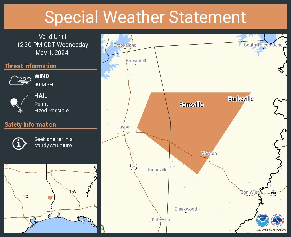 A special weather statement has been issued for Burkeville TX and Farrsville TX until 12:30 PM CDT