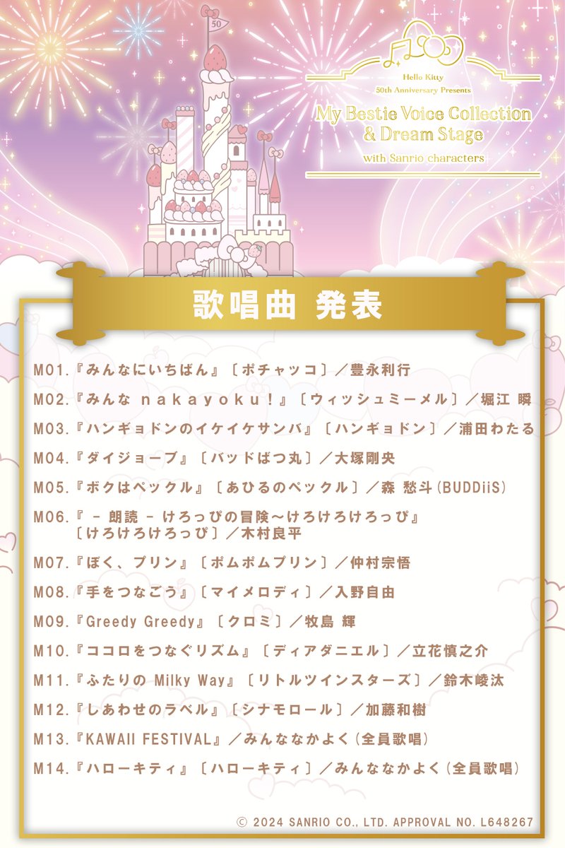 サンリオキャラクターと
12名のボイスキャストとの夢のコラボ🎀

アルバム収録曲一挙公開✨

ボイスキャストから
アルバムの魅力を語ったコメントも到着🌠

全員歌唱楽曲『KAWAII FESTIVAL』『ハローキティ』の試聴PVも🌠

6/26㈬　アルバム発売🍎
11/24㈰　コンサート開催🍎
avex.jp/sanriovoice/ne…