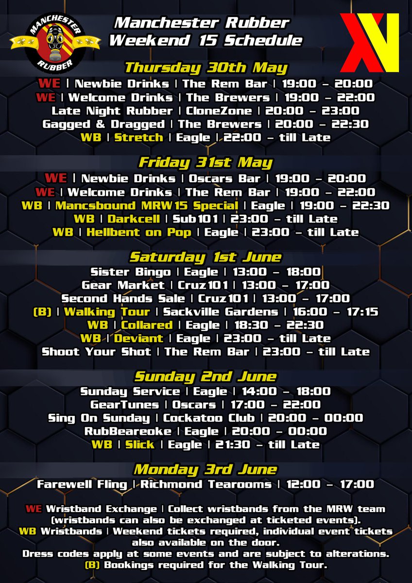 Here it is - the Manchester Rubber Weekend 15 schedule! Thank you for your patience while we got this together ❤️💛🖤 Weekend and day tickets are available on the website linked in the bio