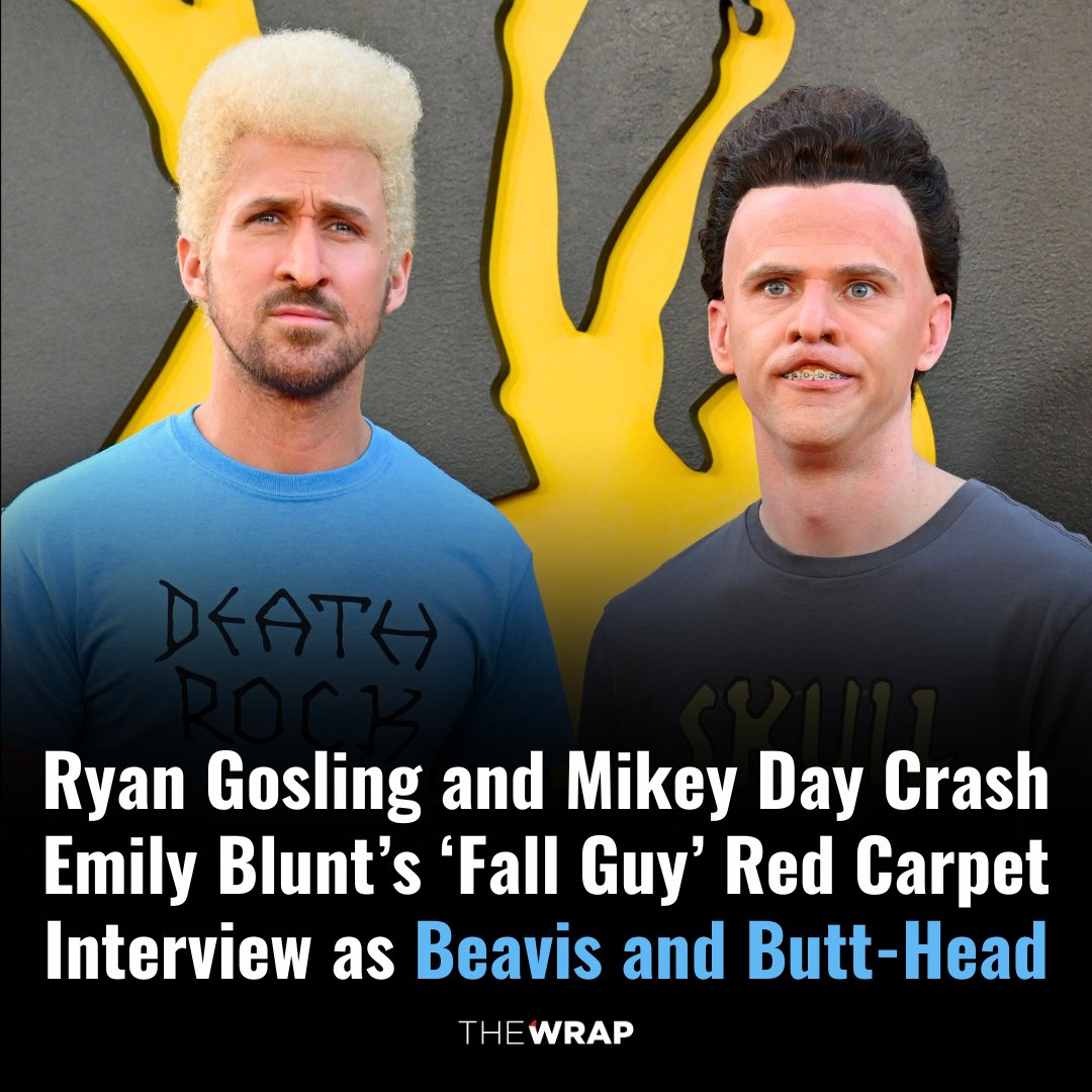 Ryan Gosling and Mikey Day donned their viral #SaturdayNightLive Beavis and Butt-Head costumes on #TheFallGuy red carpet and interrupted an interview with Gosling’s co-star, Emily Blunt. 😂

Watch Clip ⬇️
thewrap.com/ryan-gosling-m…