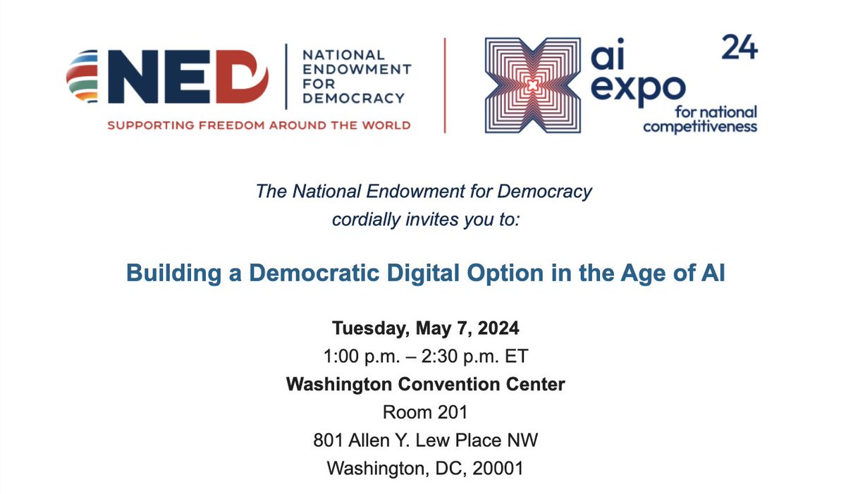 ⏰ There's still time to register for #SCSPAIExpo2024 next week, which will feature @NDI/@NDItech Director @moira on @NEDemocracy's panel 'Building a Democratic Digital Option in the Age of AI.' 🎟️Learn more & register for free: bit.ly/3wgaggJ