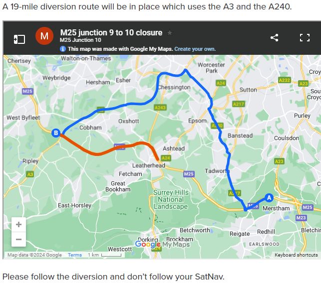 📢Reminder: #M25 closed in both directions J9-J10 from 9pm this Fri 10th May-6am Mon 13th May 🗺️There'll be a 19-mile #diversion using the A3 and the A243. It's likely to mean other roads are busier, so you may want to leave extra #travel time. More info: nationalhighways.co.uk/our-roads/sout…